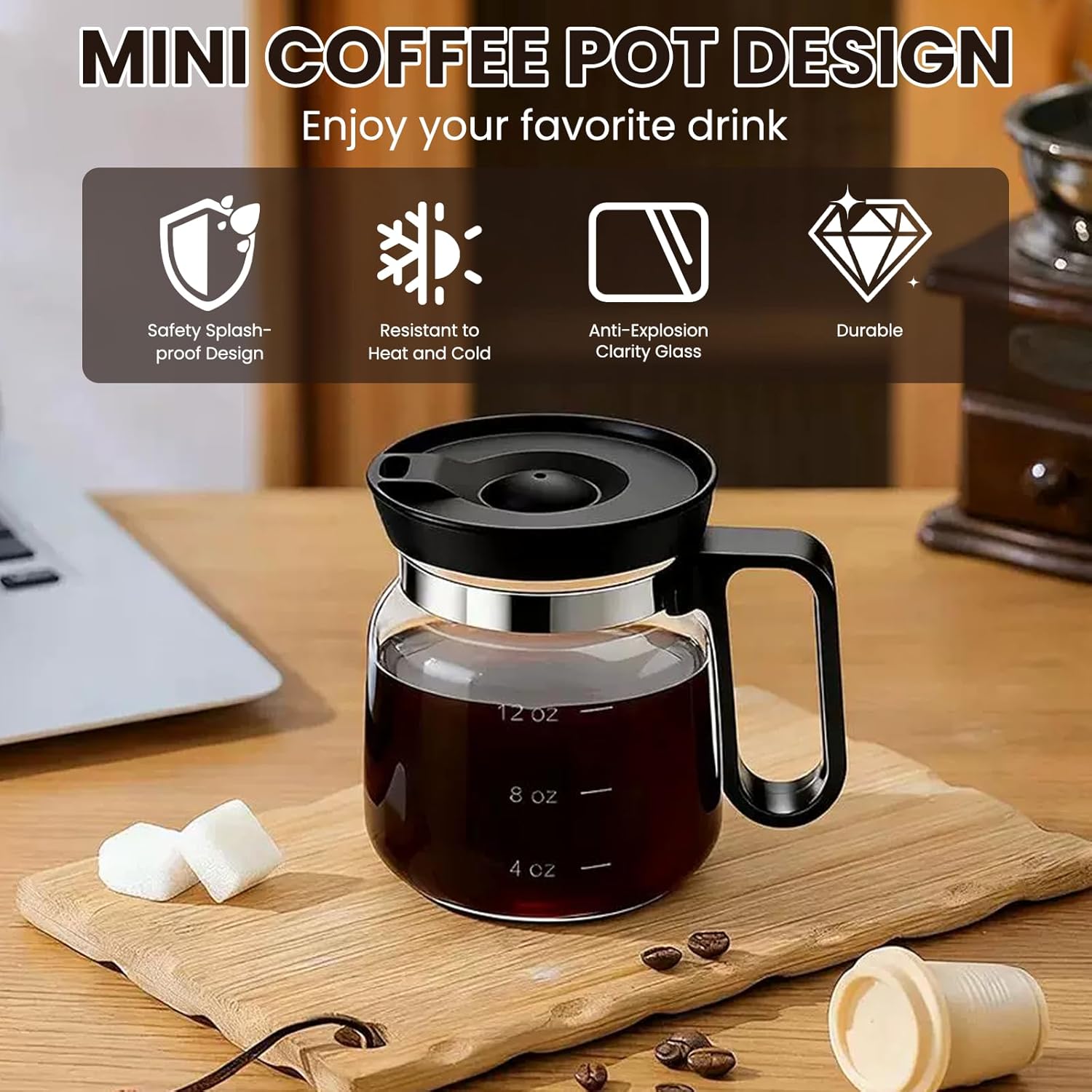 2PCS Mini Coffee Pot Mug,16 Oz Glass Travel Cup Maker Looks like Pot with Spill Proof Lid, Funny Novelty Small Unique Shaped Cool Clear Home Office Gifts for Hot Teas, No Ceramic