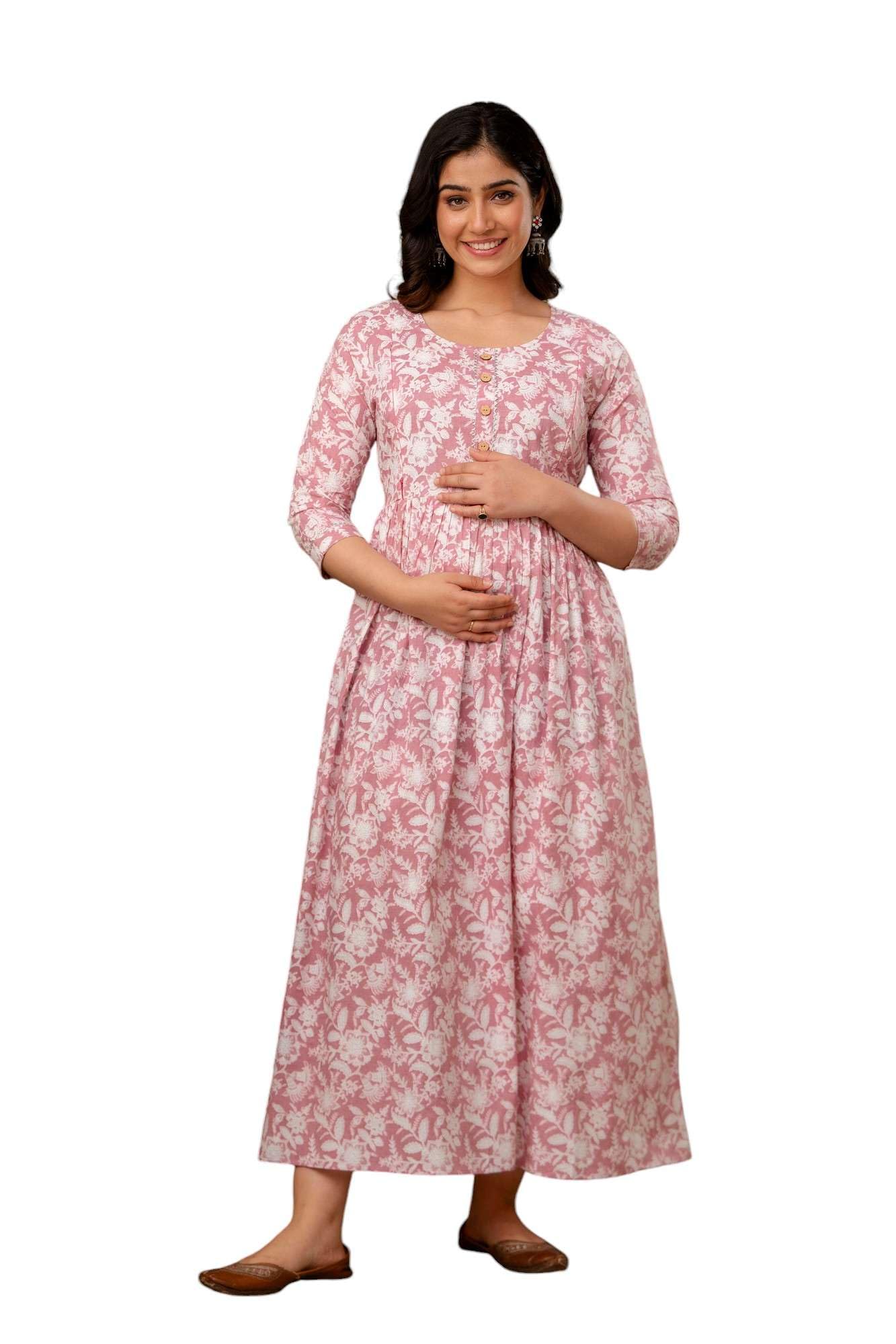 Women's Pure Cotton Maternity Gown Dress | A-line Feeding Kurti | Pink & White Kurtis for Women & Girls-image-9
