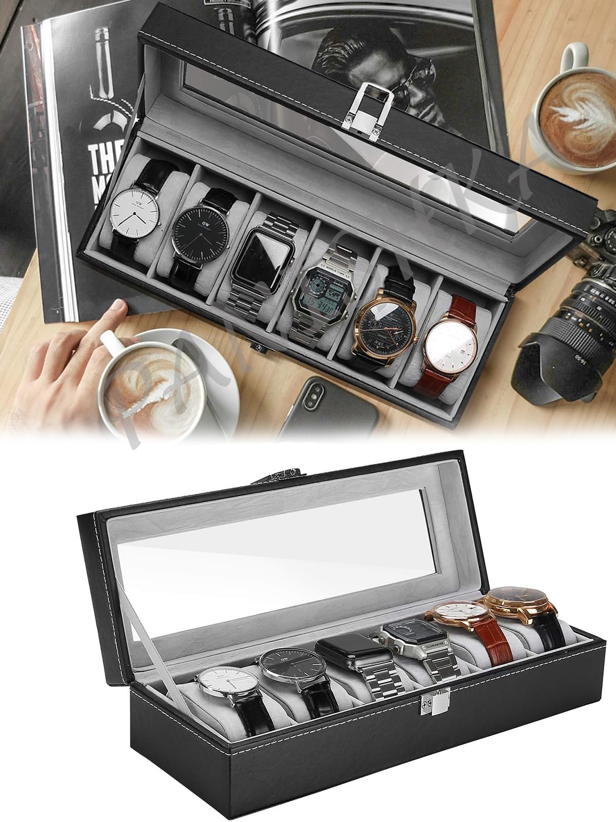 PANISHKA Watch Box Organizer 6 Slots Watch Holder Storage Box With Transparent Window PU Leather Lockable Watch Case with Removable Watch Pillow | Wrist Watch Case For Men Women | Watch Boxes (B0BXHD1RBP) Amazon Price History, Amazon Price Tracker