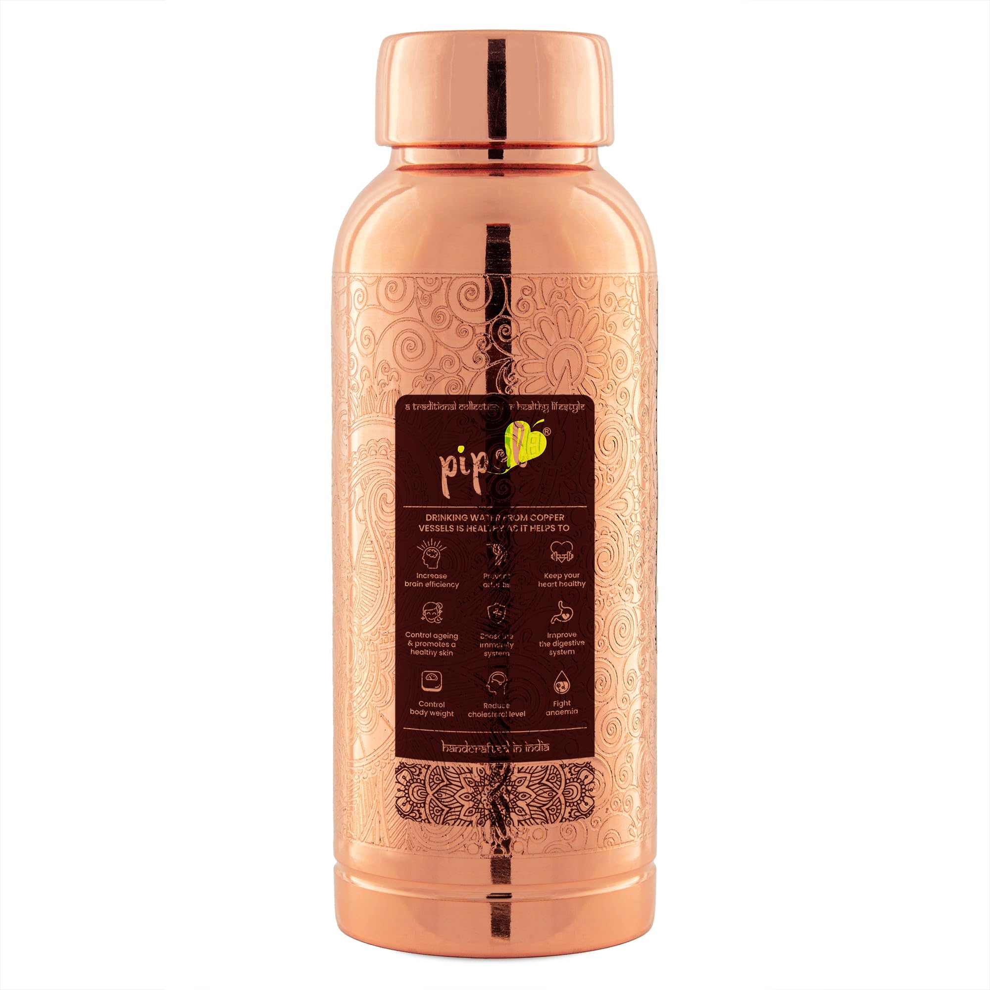 Pipal Caliber 1000 Carving Copper Water Bottle, Leak Proof, BPA free Handmade Bottle for Gym Traveling and School, Carving Design Copper Bottle Helps in Boosting Immunity (1000 ml, 1 Piece)