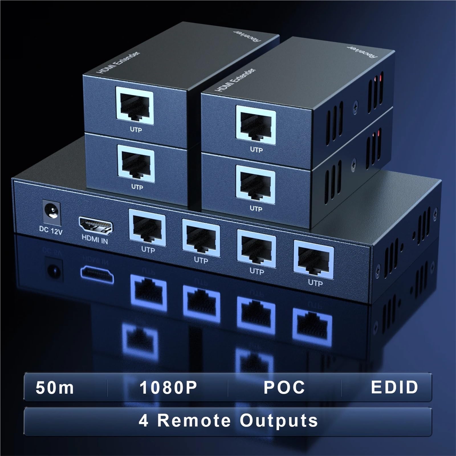 Commutateur répartiteur KVM 4K x 2K compatible HDMI/USB 1 x 4 HDMI 60 m 1 à 4 sur caT5e, Cat6 RJ45 Sortie Full HD1080p (1 x 4-4K -CAT6-IR)