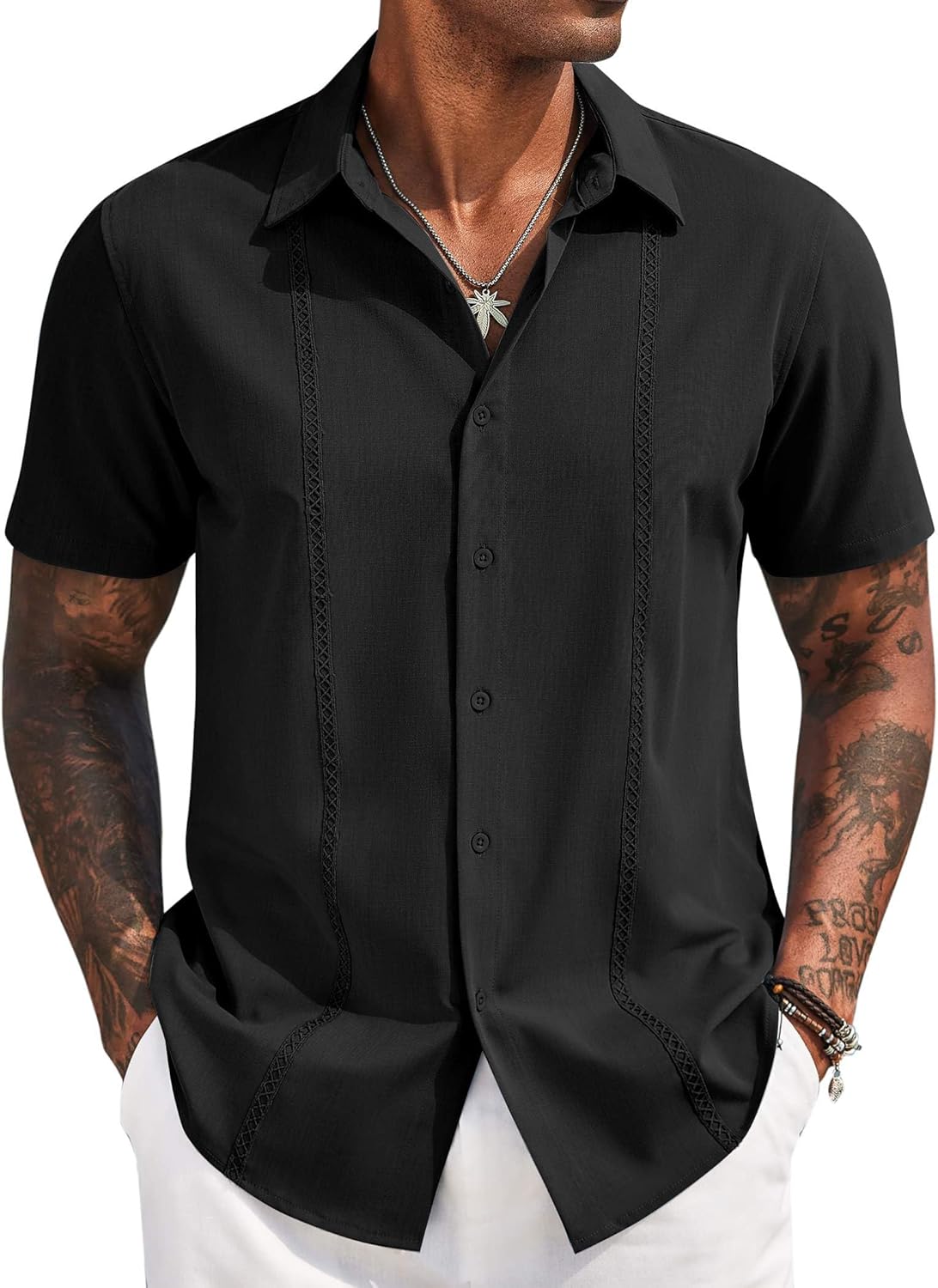 COOFANDY Mens Cuban Guayabera Short Sleeve Shirt Casual Summer Beach Tops Button Down Untucked Shirts