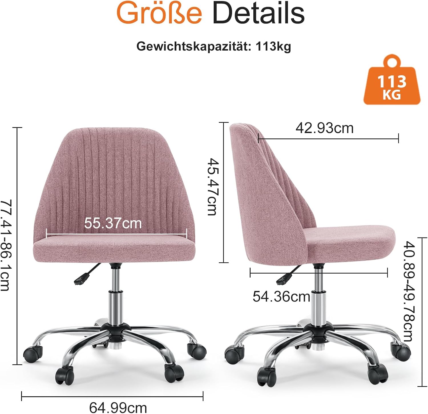 Sweetcrispy Armless Office Chair, Modern Fabric Home Office Desk Chairs with Wheels Adjustable Swivel Task Computer Vanity Seat for Small Spaces