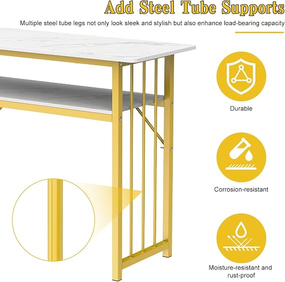 Marble Manicure Table with Golden Frame & Storage Shelf, Professional Nail Tech Desk for Salon Spa Home 100 cm