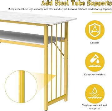 Marble Manicure Table with Golden Frame & Storage Shelf, Professional Nail Tech Desk for Salon Spa Home 100 cm