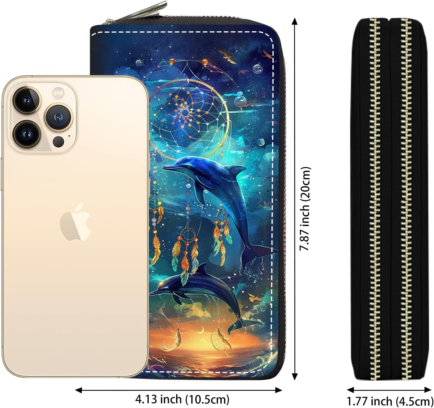 Women's Large Capacity Wallet PU Leather Double Zipper Clutch Purse Multifunctional Wallet with Removable Wristlet Strap for Smart Phone/Coin/Card/Cash, Dream Catcher Dolphin - Image 2