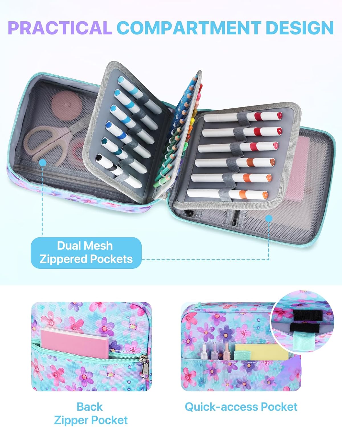 Large Pencil Case, Kasqo Marker Pencils Pouch Bag Holder Polyester Stationery Storage Multiple Compartment Top Handle for Middle High School Office College Student Girl Women Adult Teens,Pastel Floral