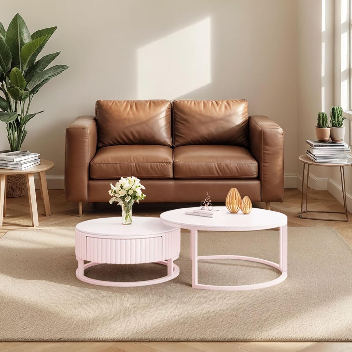 Round Nesting Coffee Table Set of 2 White Marble Coffee Table with Wood Storage Drawer Modern Circle Coffee Tables for Living Room Center Table Mid Century Coffee Table