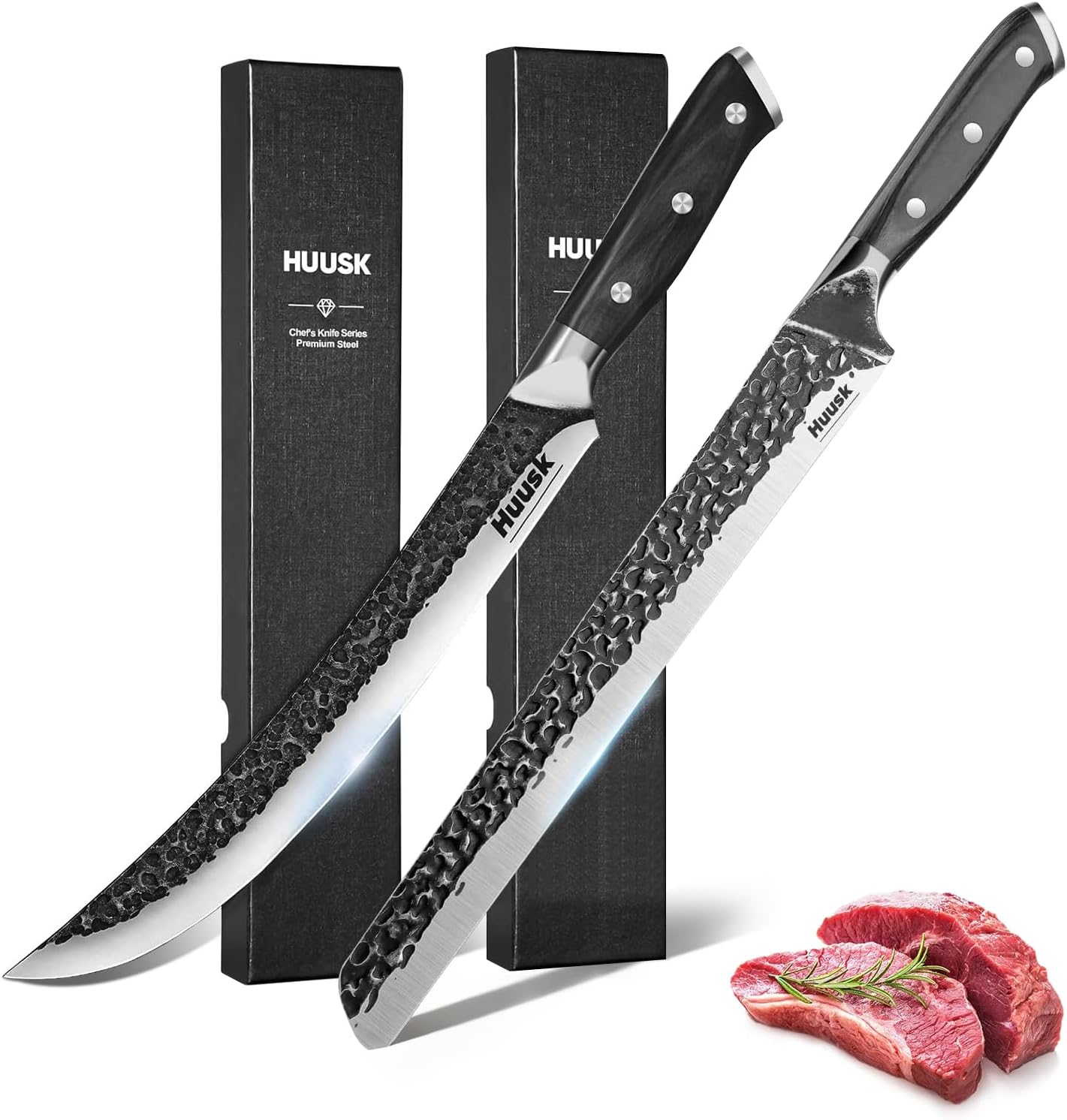 Huusk Japan 11.5 Inch Hand Forged Slicing Knife Bundle with a 10 Inch Brisket Knife, Carving Knives with Wood Handle for Meats, Ribs, Roasts - Brisket Carving Knives for BBQ and Christmas Gifts