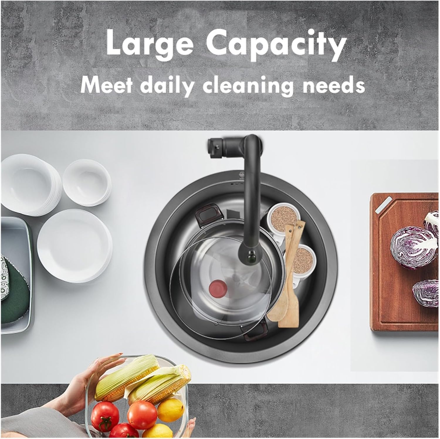 Kitchen Sink Black Nano-Circular Mini Sink Small Single Tank 304 Stainless Steel Bar Bathroom Understage Basin Home Accessories(36cm)