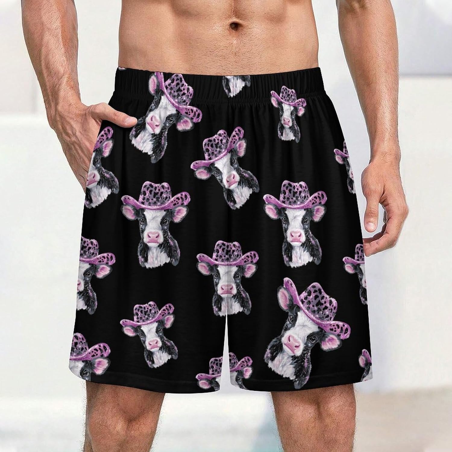 Cute Cow Leopard Sequin Hat Men's Pajamas Shorts Casual Pajama Bottom Nightwear Pants Lounge Sleepwear