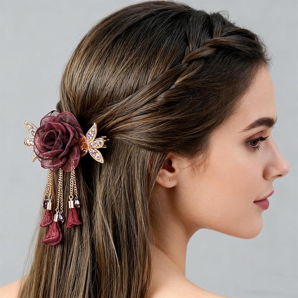 ZIBUYU Flower Hair Pins with Tassel French Accessories for Women Girls Vintage Floral Wedding Performance Daily Style