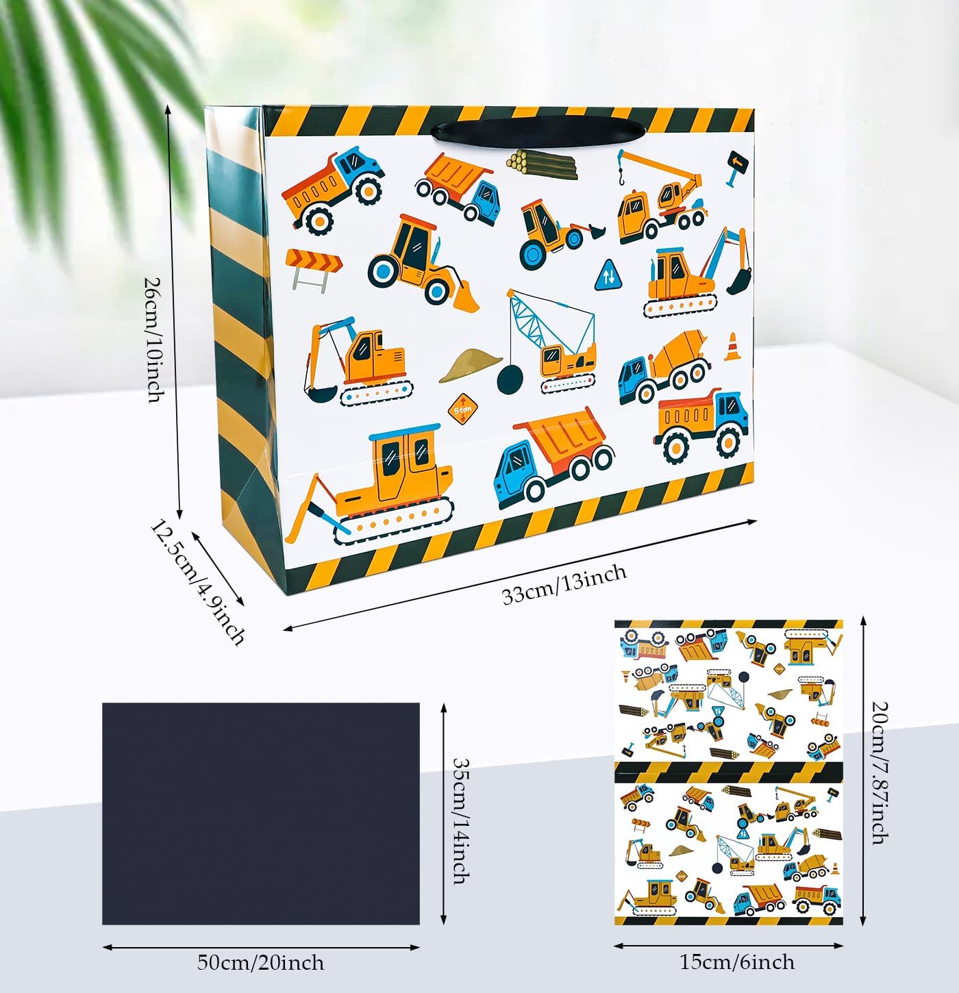 MUNILAIL 13 Inches Large Gift Bag for Boys Construction Vehicle Gift Bag with Handle Tissue Paper and Greeting Card for Birthday Vehicle Themed Party Large Paper Gift Bag image 2