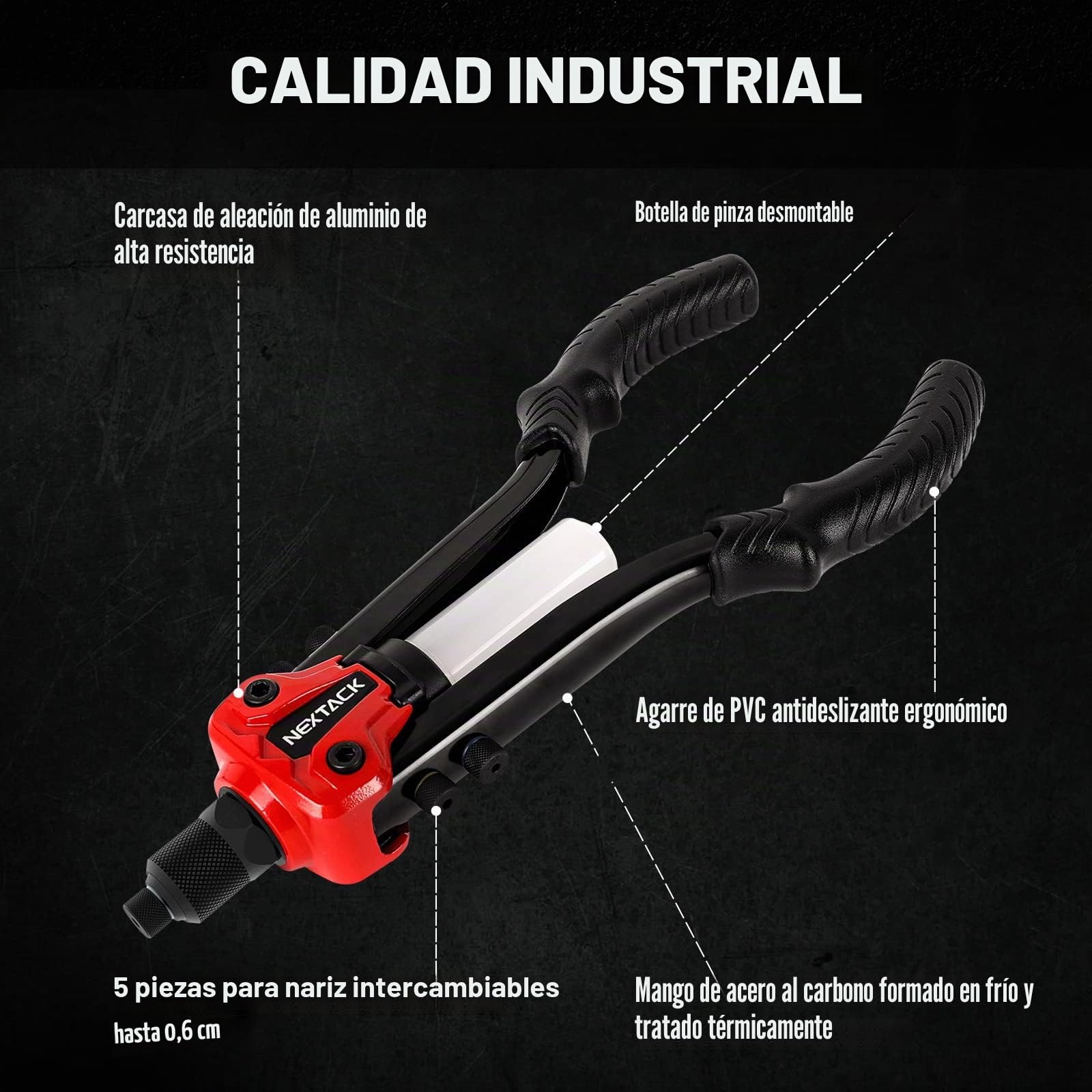 NEXTACK Pistola de Remache Pop de 13 Pulgadas con Kit de 350 Remaches Surtidos, Herramienta Remachadora Manual Resistente de 1/4 Pulgadas de Capacidad con contenedor Desmontable y 5 boquillas para