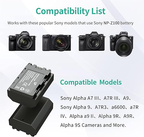 Miniatura 2 de Paquete de baterías NP-FZ100 y cargador portátil, paquete de 2 baterías de repuesto compatibles con Sony Alpha A7 III, A7R III, A9, Sony Alpha 9,