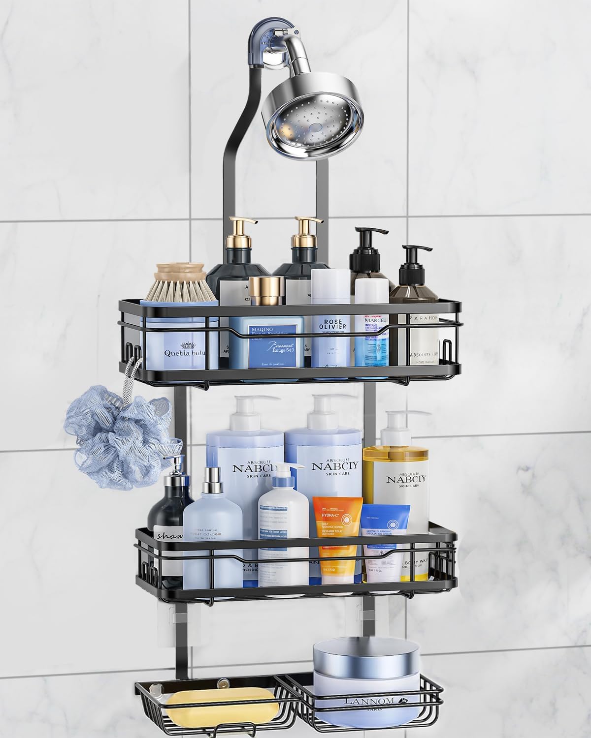 OMAIRA Shower Caddy Hanging with Soap Scrub Holder Stainless Steel Adjustable No Drilling Non-Slip Large Capacity Sturdy Over