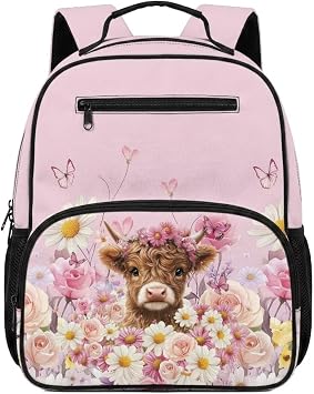 Uourmeti Highland Cow Pre K Backpack for Girls 13.5 Toddler School Bag with Side Water Bottle Pockets & Padded Shoulder Straps 17L Cute Animal Floral Preschool Kindergarten Bookbag