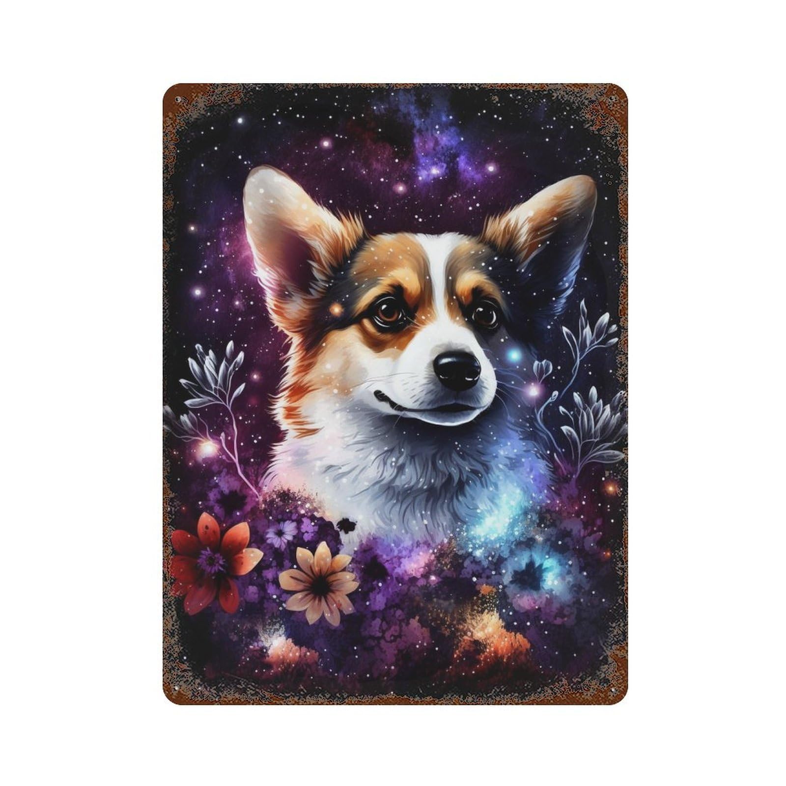 Galactic Corgi with Flowers 15.7"x11.8" Vintage Rust Metal Sign, Classic Wall Plaque for Office, Studio And Wall Decor