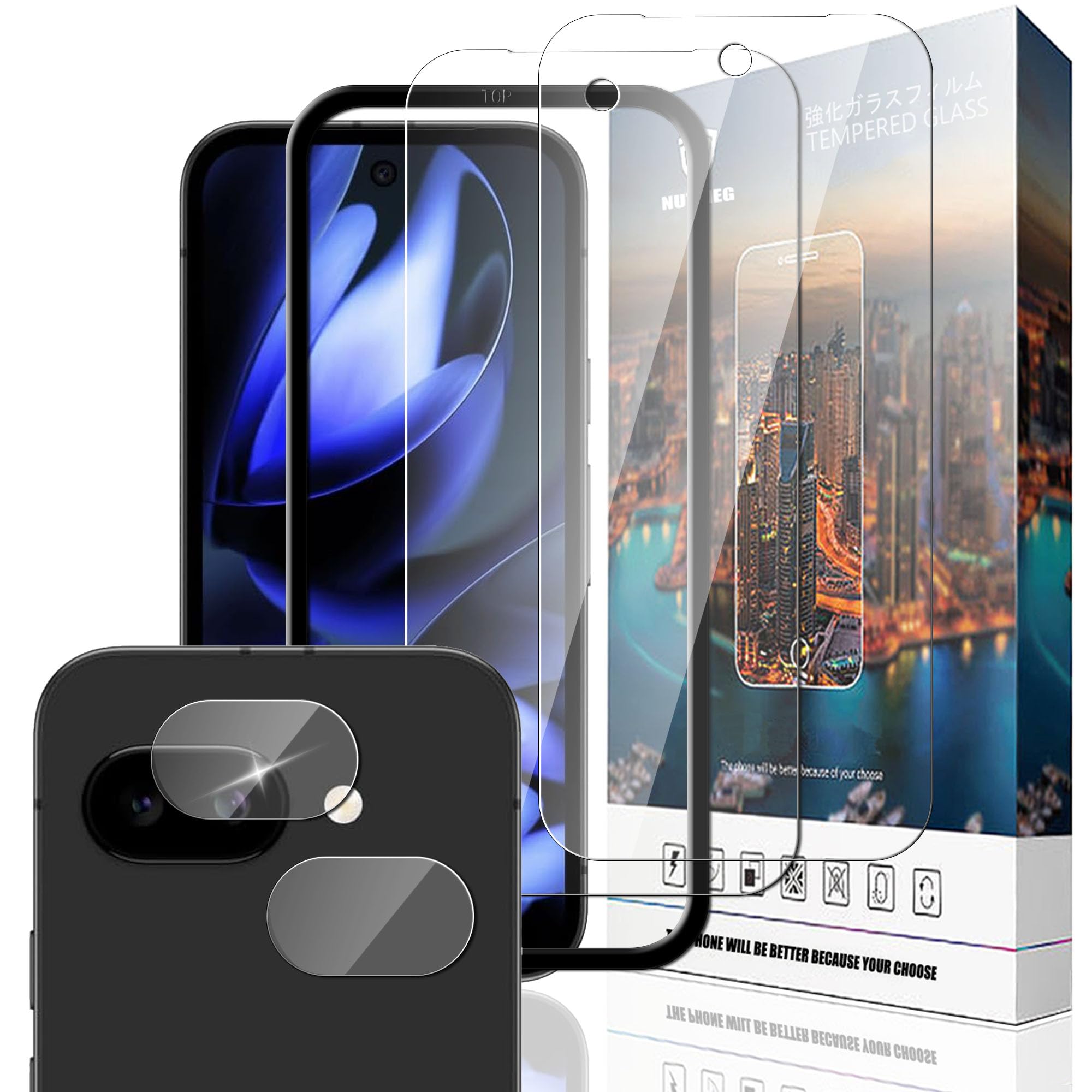 Nutmeg 対応 Google Pixel 9a ガラスフィルム + カメラフィルム グーグルピクセル9a フィルム ガイド枠付き【日本旭硝子素材】Google Pixel 9a 強化ガラス 硬度9H 強化ガラス 気泡ゼロ 高透過率 飛散防止 耐衝撃 指紋防止