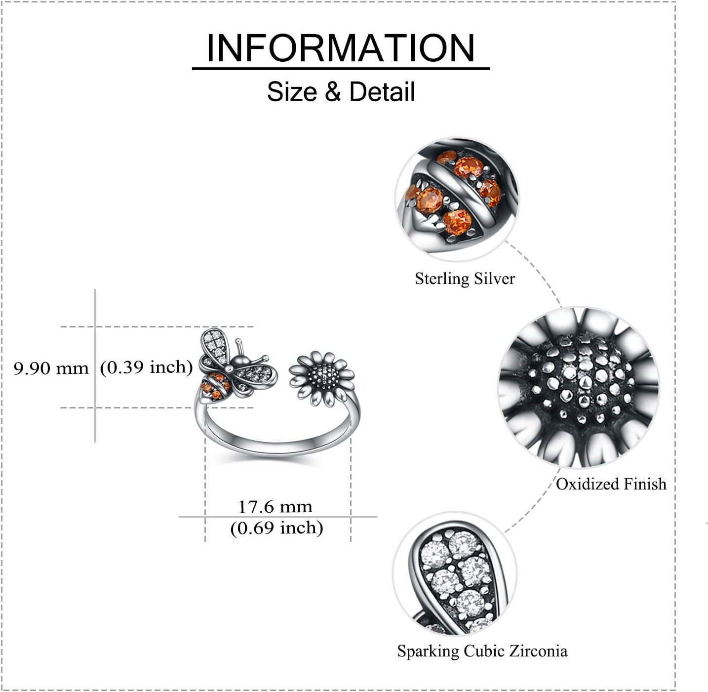 ONEFINITY Bee Sunflower Ring Sterling Silver Open Adjustable Flower Cubic Zirconia Rings for Women You are My Sunshine Gifts