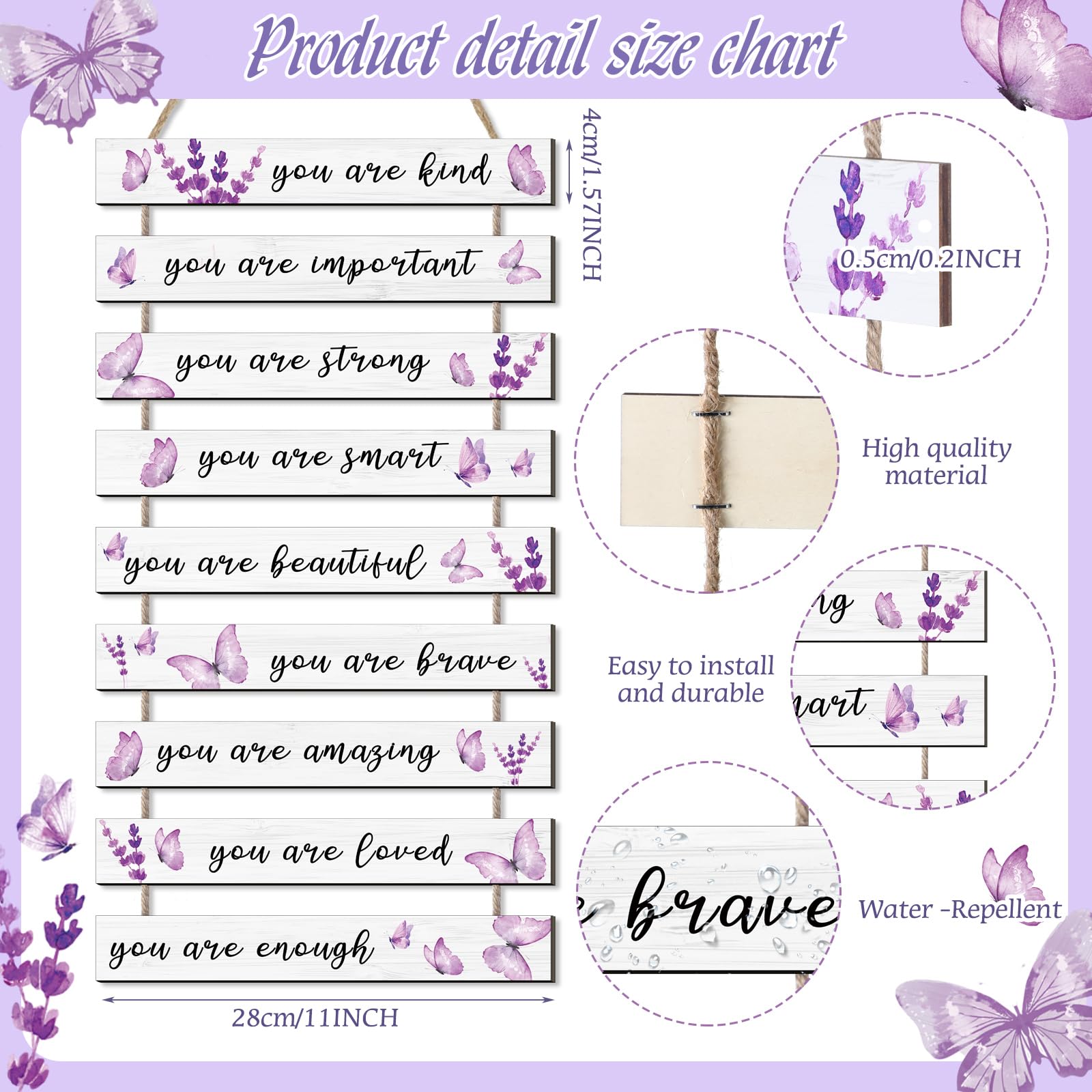 9 piezas de mariposa morada inspiradora decoración de pared de mariposa arte de pared para niñas, decoración de dormitorio de niñas, letreros de arte colgantes de madera morada, regalos de 2