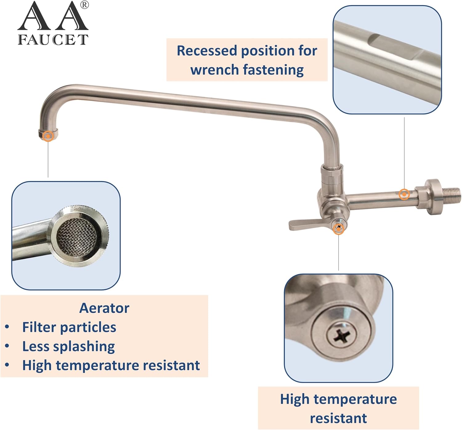 Single Wall Mount Commercial Manual Wok Range Faucet with 14" Swing Spout, All Stainless Steel Construction for Restaurant Kitchen NSF Approved
