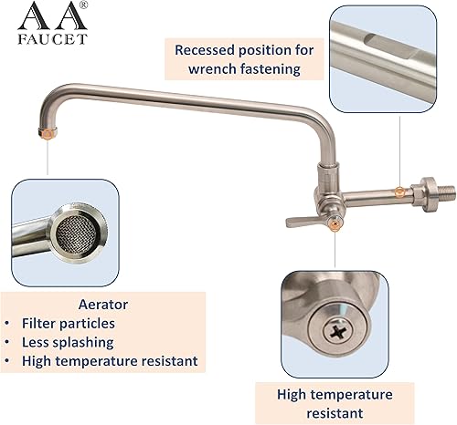 Miniatura 9 de Grifo de rango Wok manual comercial de montaje en pared individual con caño giratorio de 14 pulgadas, construcción de latón cromado pulido para