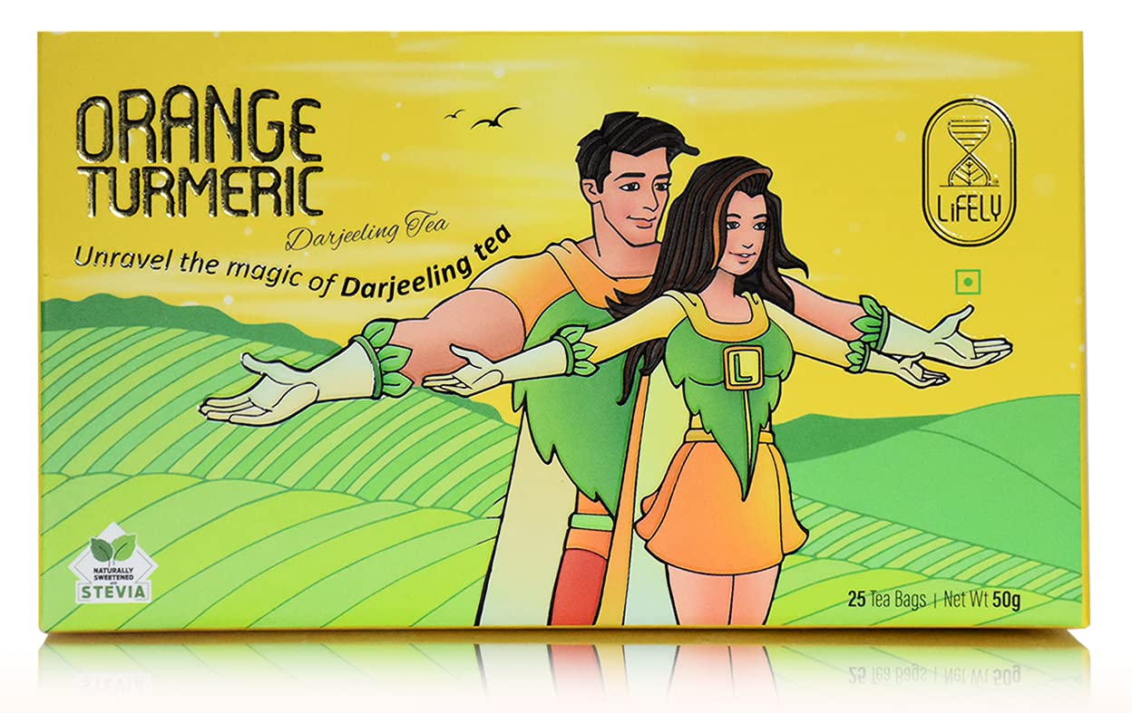 LIFELY ORANGE TURMERIC DARJEELING Premium Tea Bags, Zero Calories, Zero Sugar, Sweetness from Pure natural Steva without any aftertaste, High Curcumin Turmeric extract & Pure Orange Oil. 25 Tea bags in 1 Box