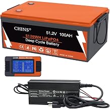 CHINS 48V 100Ah Bluetooth LiFePO4 Battery with 58.4V 10A Lithium Battery Charger and Monitor, 0V Starting and Fast Charged, Built in 200A BMS,Prefect for Trolling Motor, Marine, RV, Solar