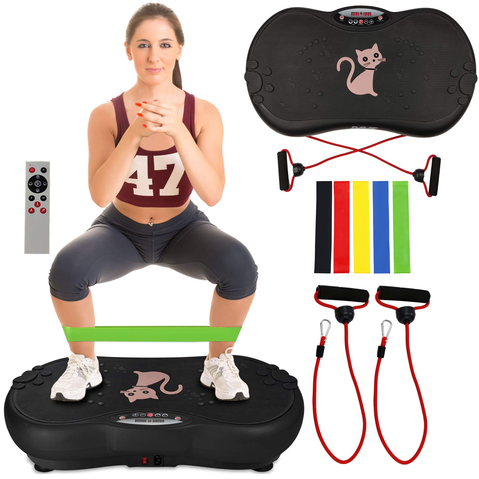 Photo 1 of Vibration Plate Exercise Machine Whole Body Workout Machine Vibration Fitness Platform Machine Home Training Equipment with Resistance Bands, Remote Control black