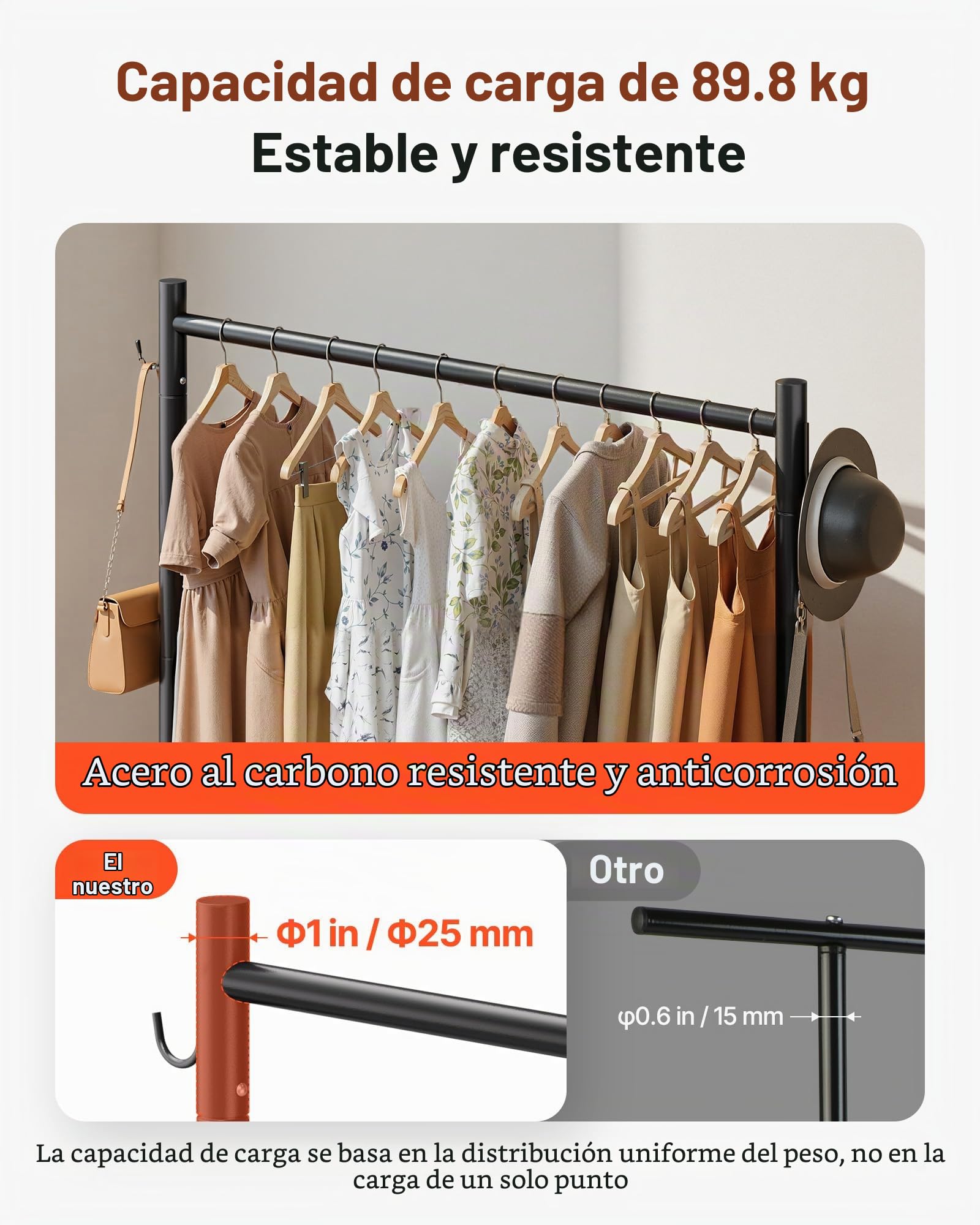 VEVOR Perchero Burro para Ropa 108 x 167,3 cm, con Barra para Colgar y Ganchos Laterales, Burro de Ropa con Ruedas, Carga de 90 kg, de Acero al Carbono, para Dormitorio, Lavandería, Sala de Estar