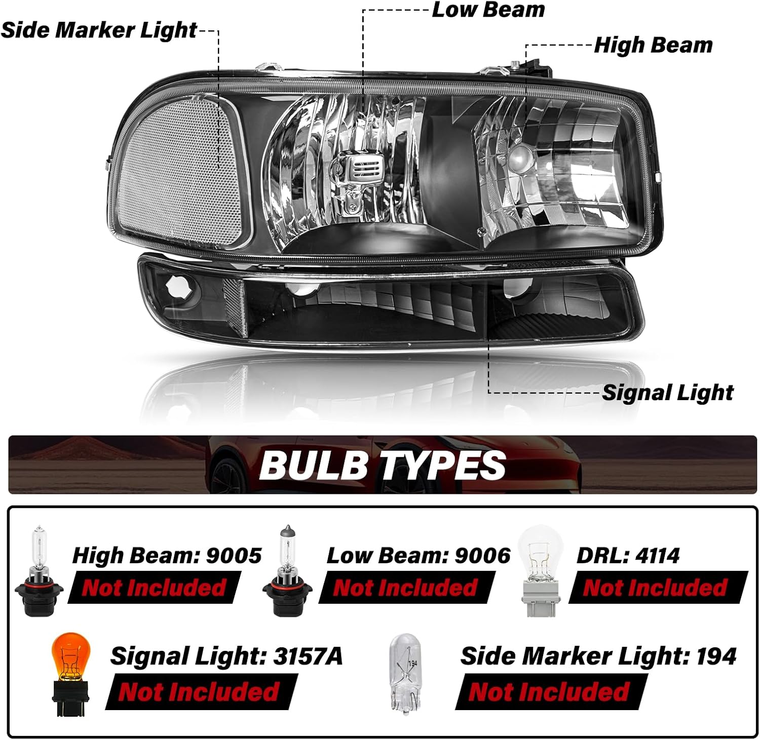 Bingbingmotor BRYGHT 4PCS Headlight Assembly for 1999-2006 GMC Sierra 1500 2500HD 3500HD Front Light 99-06 Yukon 00-06 Yukon XL 1500 2500 Replacement Pair Set Black & Clear 【NOT Fit Denali Model】