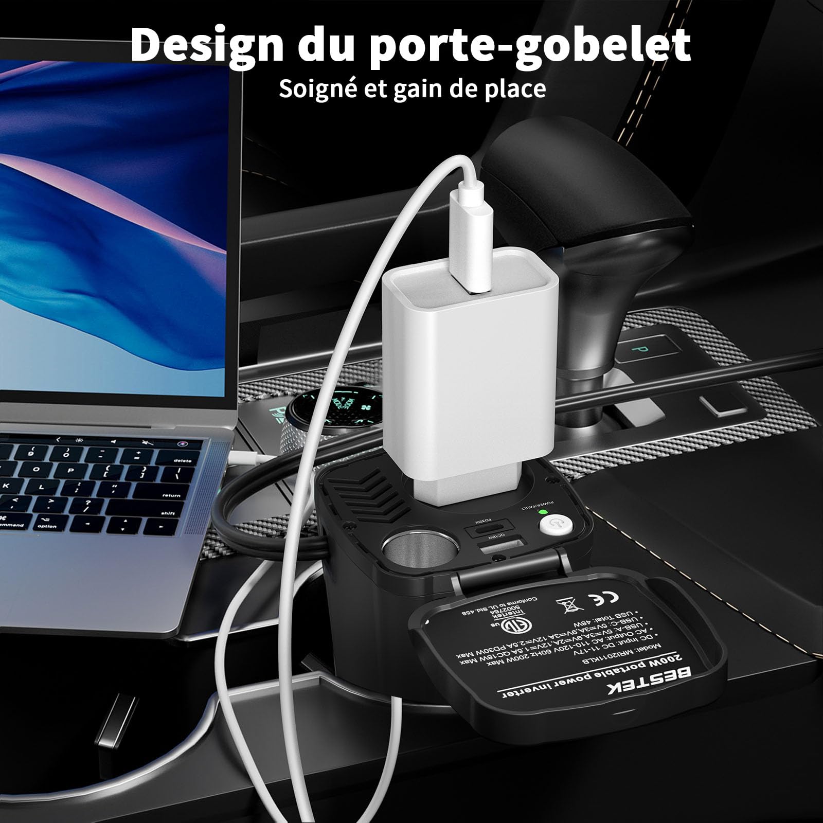 BESTEK Onduleur de voiture 200 W : convertisseur de tension 12 V DC vers 230 V AC Power Inverter avec 2 ports USB & adaptateur allume-cigare compact pour voiture/voyage