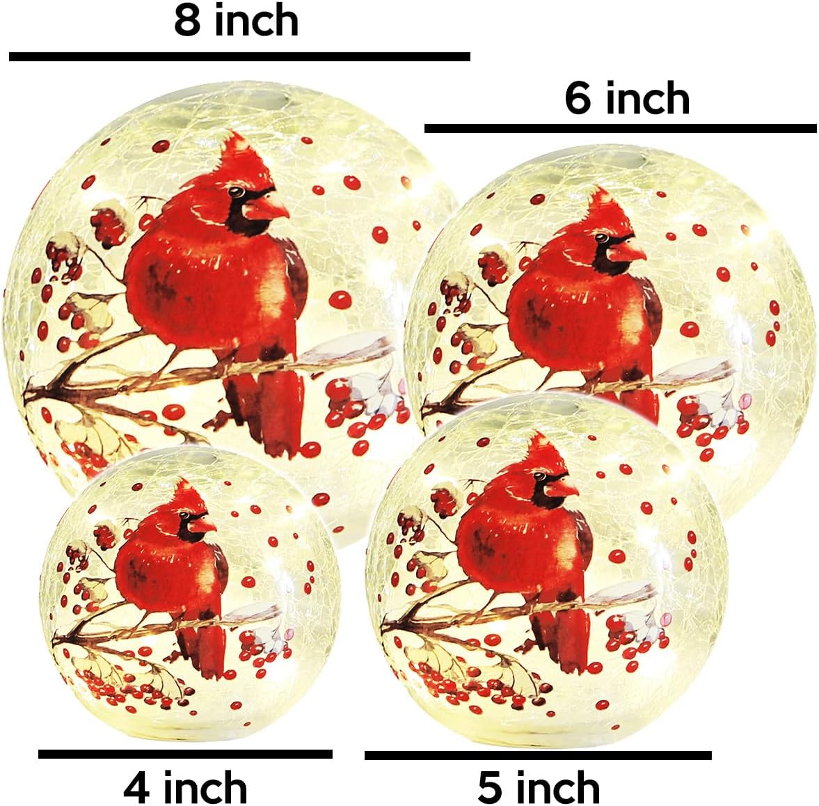 Crackle Glass Ball Cardinal Light Up Red Bird Stained Glass Christmas Decor Accent Lamp, Lighted Globe Table Orb Night Light, Mother's Day Gifts, LED Sphere Desk