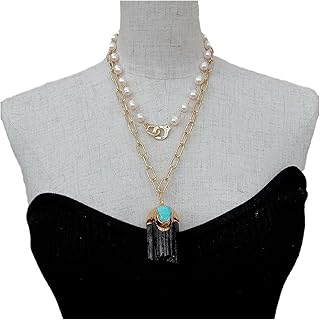 Collar llamativo de cadena de perlas de arroz de agua dulce Colgante en bruto de turmalina negra de 18 pulgadas