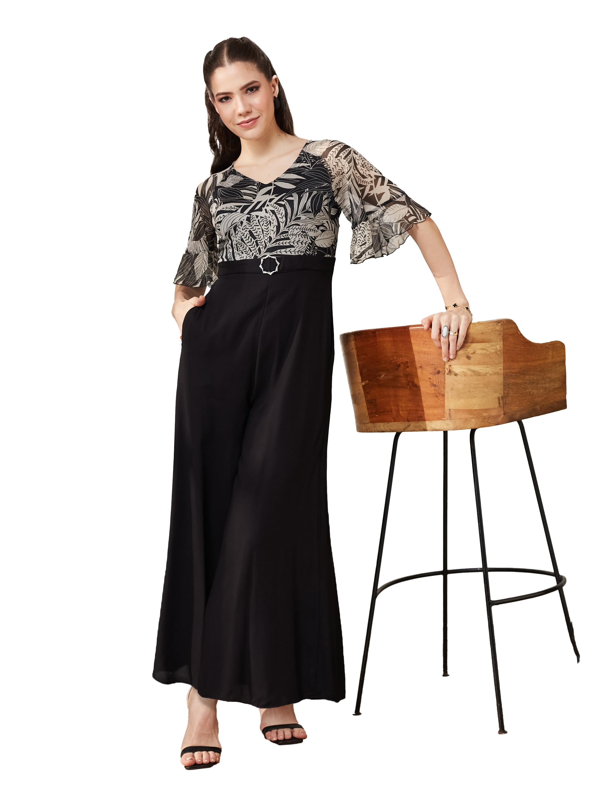 miss chase Women's V Neck Ruffled Sleeve Wide Leg Regular-Length Polyester Printed Jumpsuit-picture-30