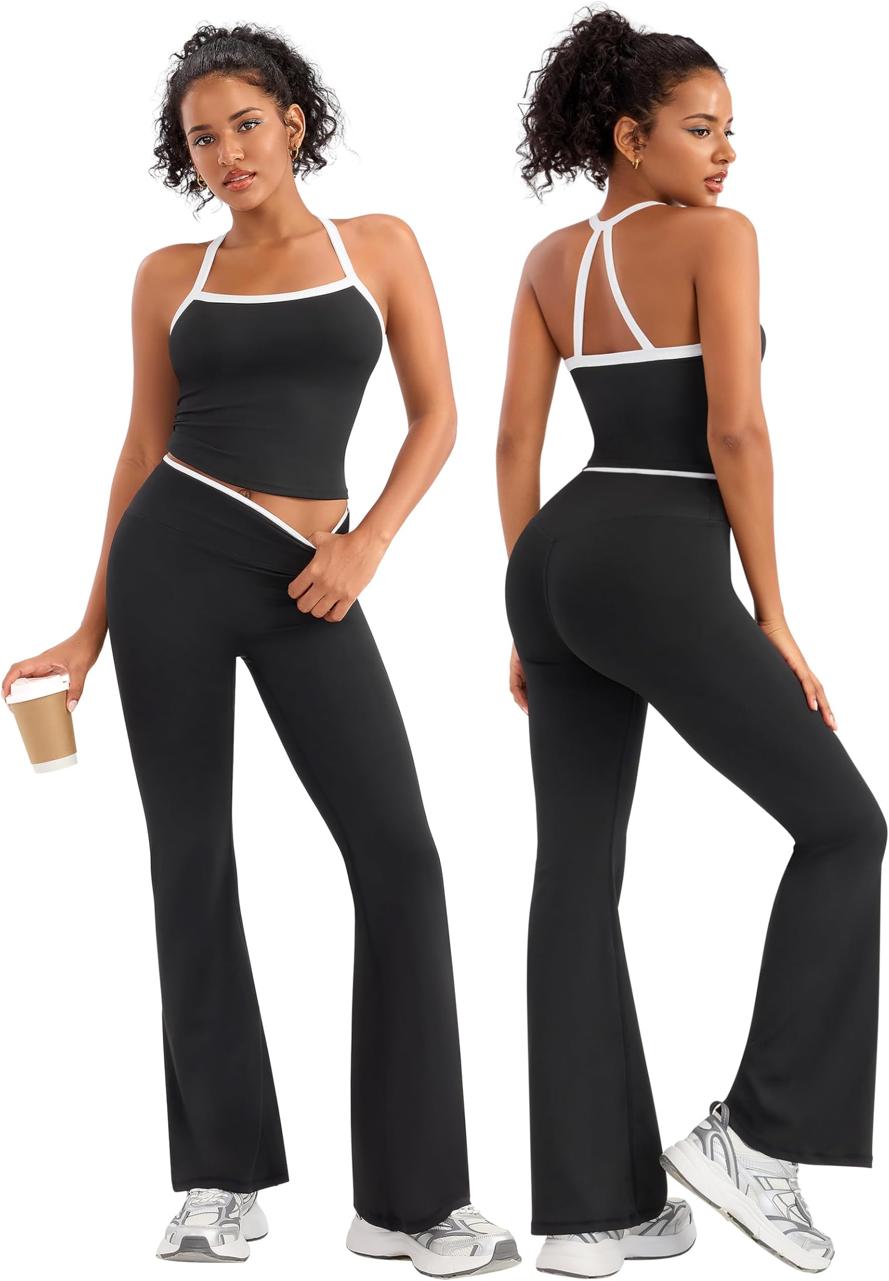 Women Workout Sets 2 Piece Sleeveless Crop Tank Tops Flare High Waisted Leggings Contrast Trim Gym Yoga Outfits