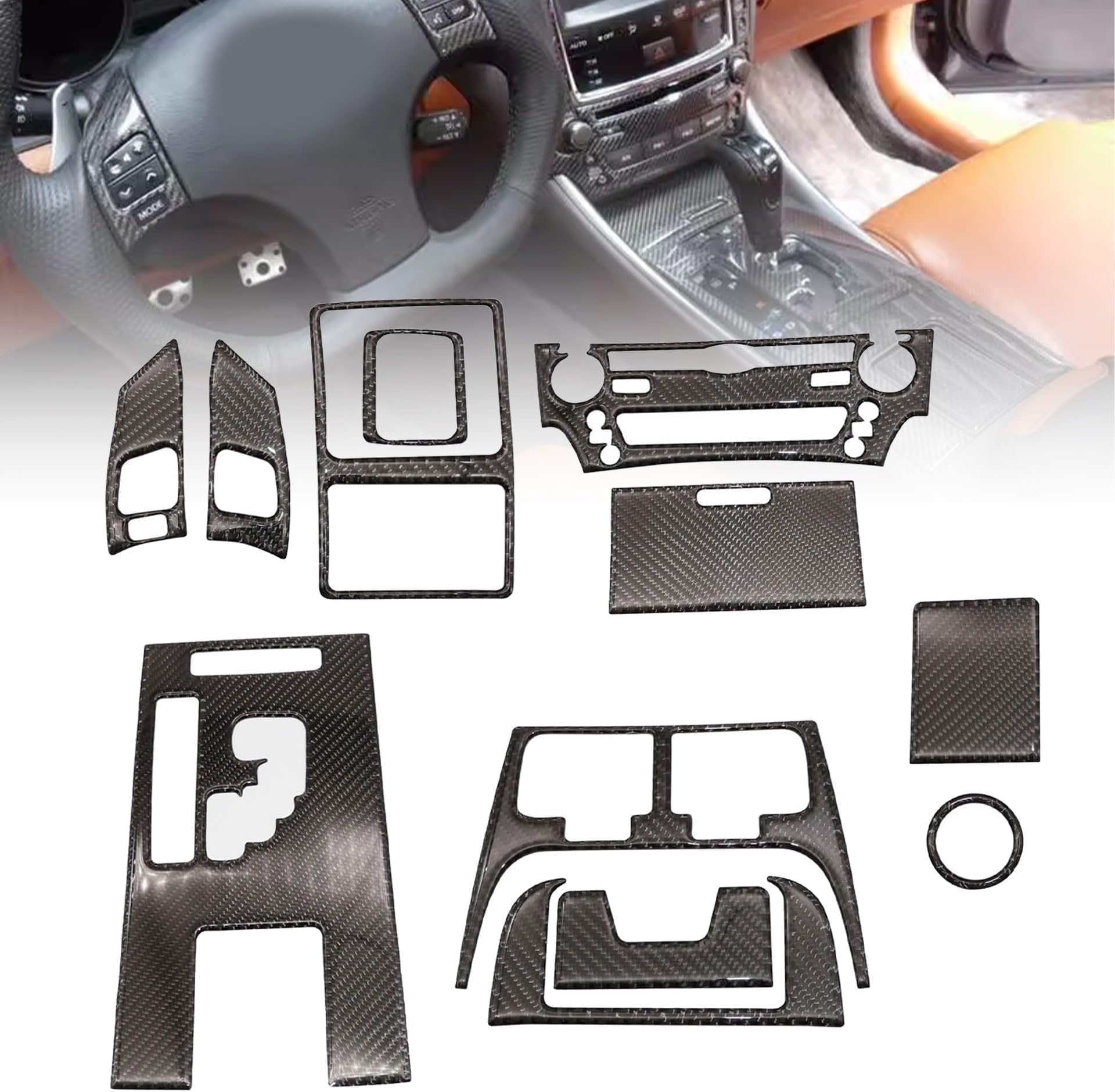 12Pcs Carbon Fiber Full Set Interior Decoration Trim Kit Compatible with Lexus IS250 Black 2006 2007 2008 2009 2010 2011 2012