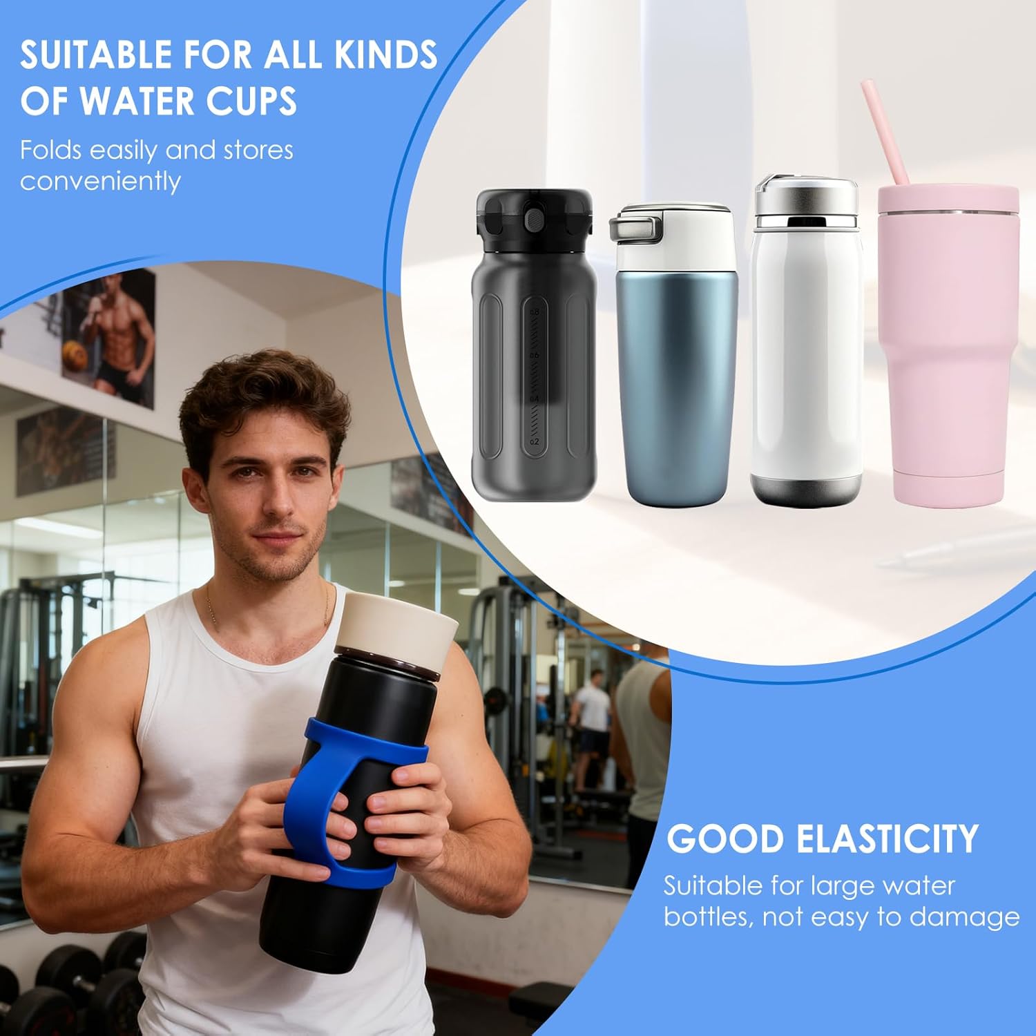 2 Pack Water Bottle Accessories Carrier Grip, Non-Slip Silicone Handle Strap Makes Any Bottle Handheld, Soft Band Holder for Gym During Workouts (Blue 2pcs) - Image 4