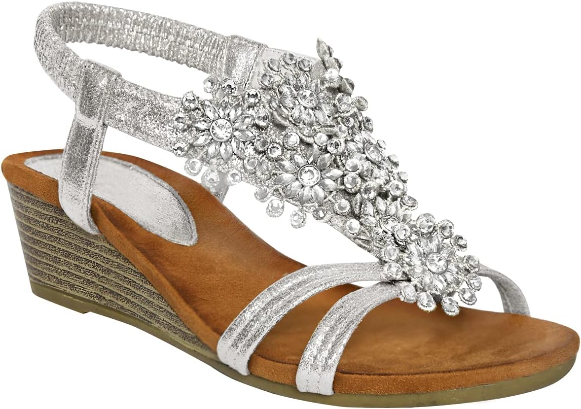 Fashion Thirsty Womens Summer Sandals Strappy Flower Diamante Low Heel Flat Wedges Soft Floral Comfy Lightweight Holiday Open Toe Cosy Shoes