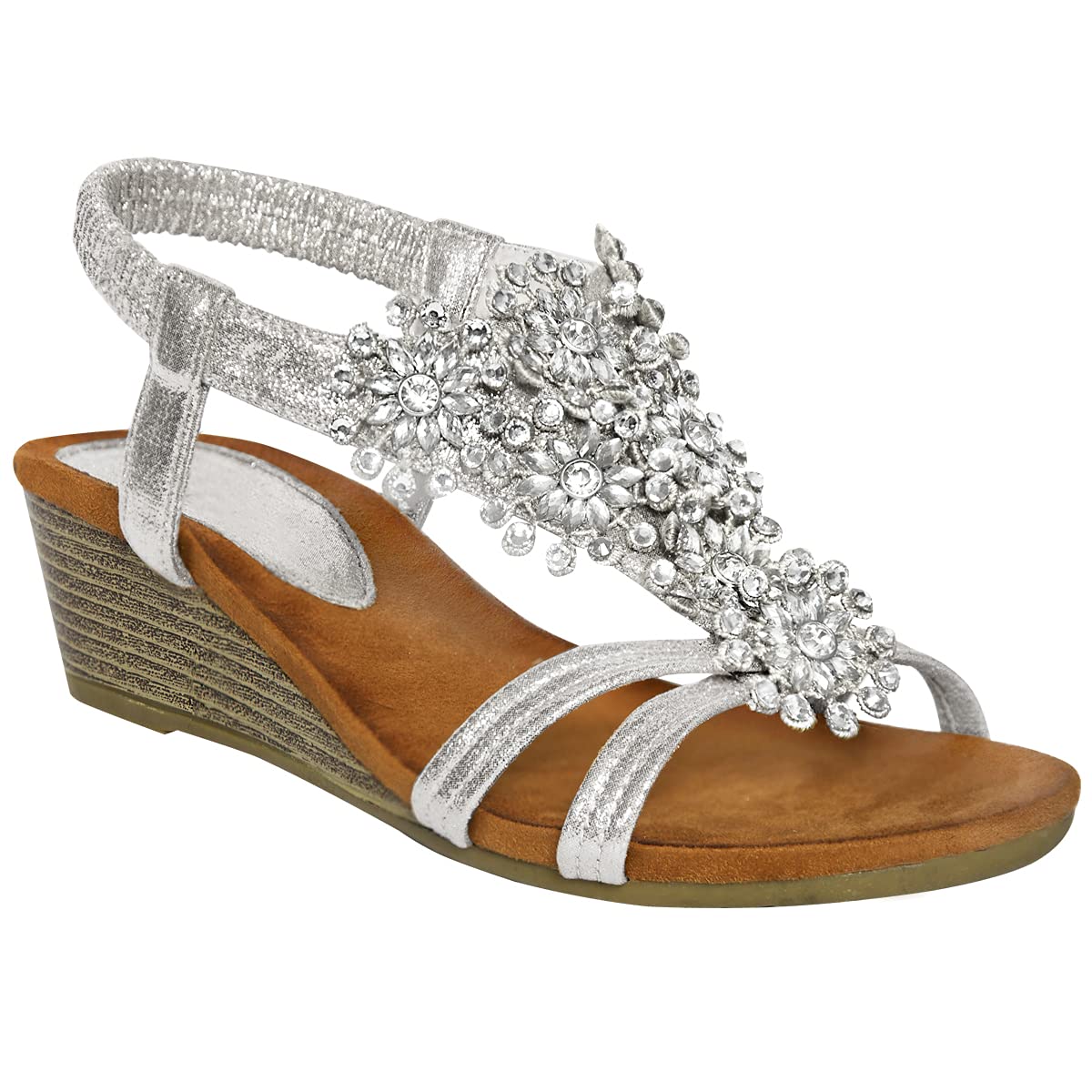 Fashion ThirstyWomens Summer Sandals Strappy Flower Diamante Low Heel Flat Wedges Soft Floral Comfy Lightweight Holiday Open Toe Cosy Shoes