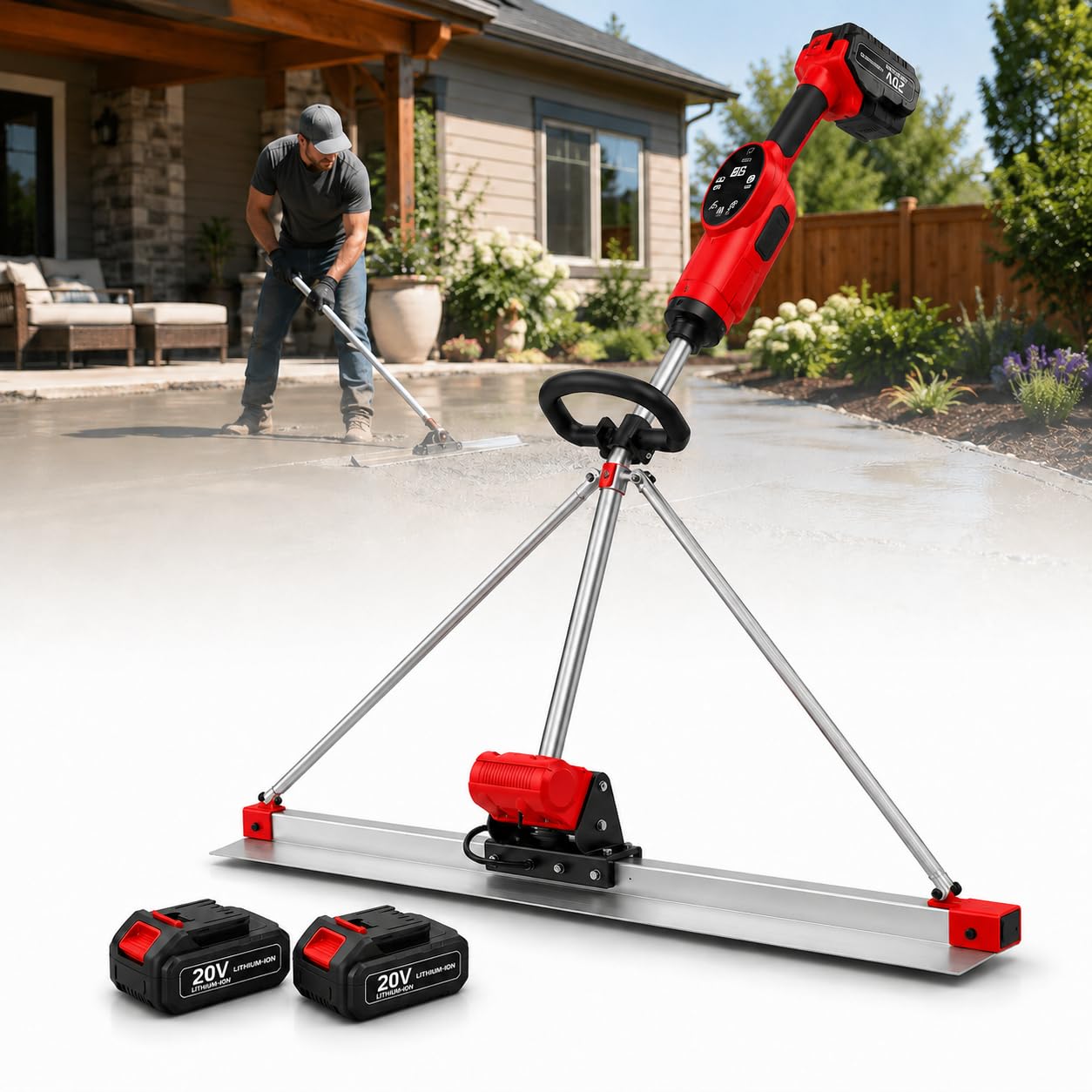 forplubossmmp Battery Powered Concrete Screed Vibratory Kit, 21V Cordless Electric Cement Leveling Tool with 5ft Stainless Board, Tamper Ruler for Wet Concrete Finishing Projects dualbattery