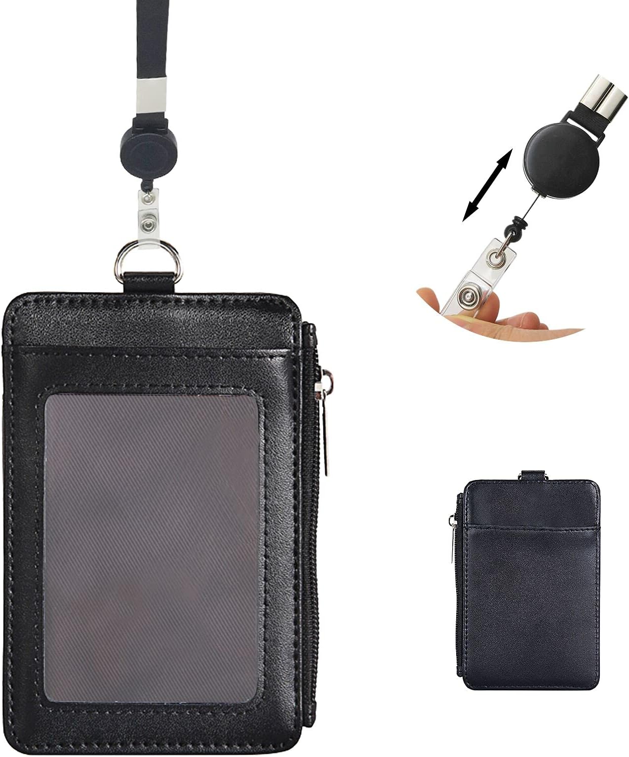 Bus Pass Holders Artificial Leather ID Credit Card Holder Three Pocket Wallet Zippered with Retractable Lanyard Black