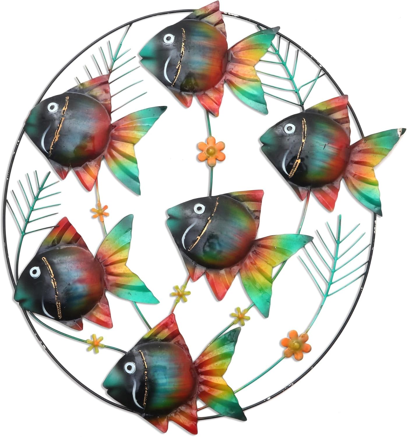 NOVICA Artisan Handcrafted Metal Wall Sculpture of Tropical Fish Multicolor Steel Indonesia Decor Art Animal Themed Beach Cottage Sea Life [20.5in L x 19.75in W x 1.2in D] ' Rainbow School'