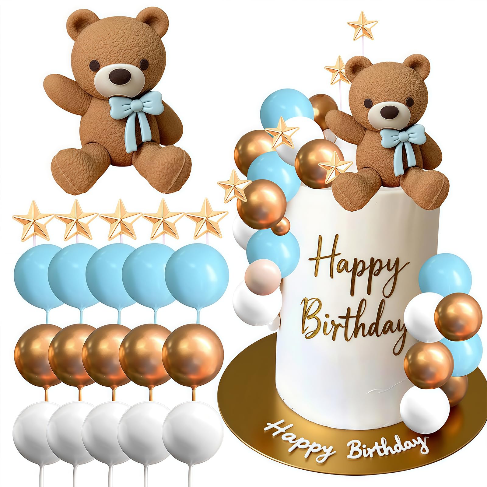 Bear Cake Decoration, 26pcs Beige Brown Balls Cake Decoration, Luxury Baby Shower, Topper Boho Cake, Bear Baby Shower Party Supplies Teddy Bear (62, Dark Brown Blue) — image 1