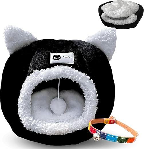 Bed for Cats and Small Dogs 2 in 1, Soft Cave Shelter, Washable Bed with Toy and Collar - 40x40x40cm - Black
