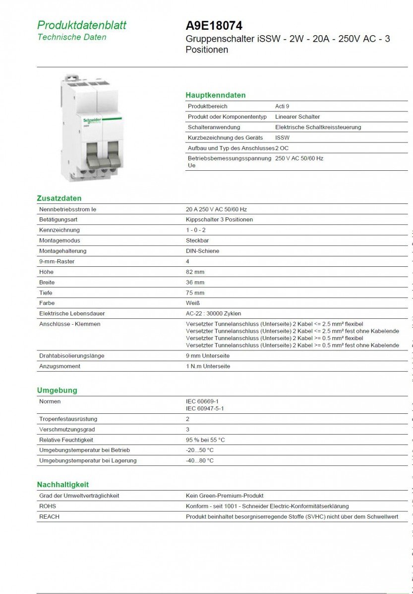 Schneider A9E18074 iSSW 20A 3 posizioni 2 circuiti