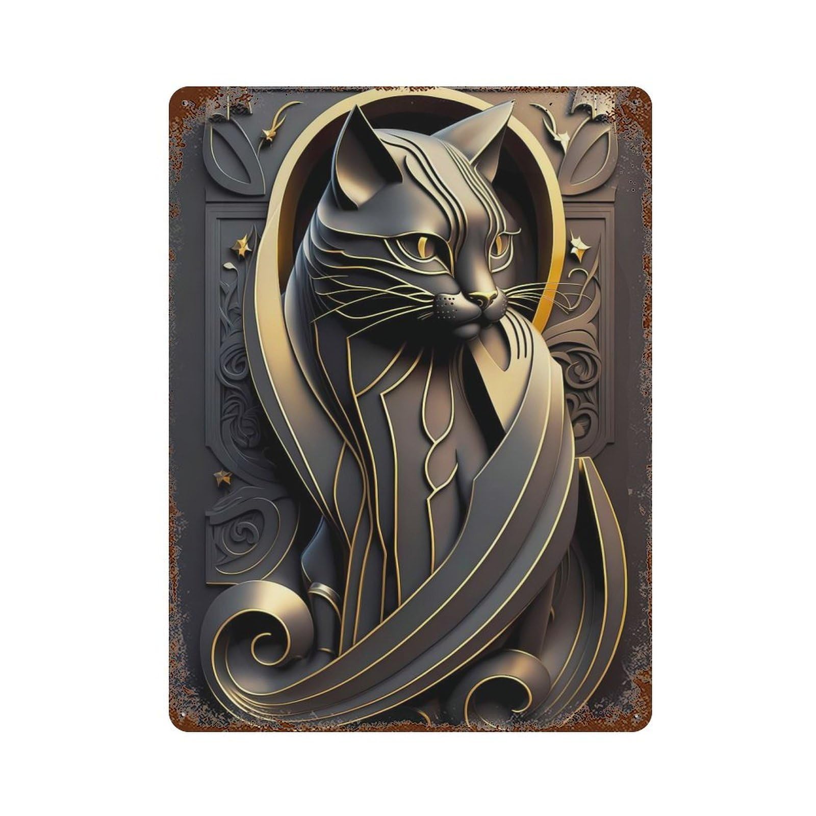 Noble Cat Golden Art Deco 15.7"x11.8" Weathered Tin Sign, Shabby Chic Decor for Cafe, Home Bar And Lounge Decor