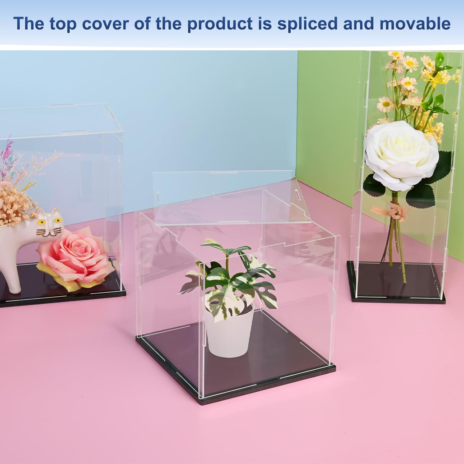 1-Pack Acrylic Display Case, 3.9x3.9x3.9 Inch/10x10x10cm Acrylic Clear Display Case Box with Black Wooden Base for Collectibles, Dustproof Showcase [Black, Clear]