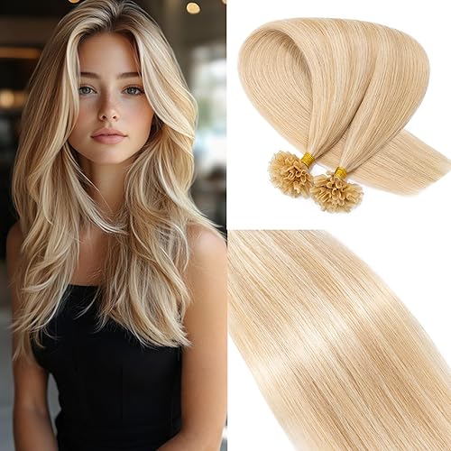 Rich Choices U Tip Hair Extensions Human Hair, 100 Strands 0.5g/Strand K Tip Real Remy, 14 Inch #18P613 Ash Blonde Highlight Bleach Blonde